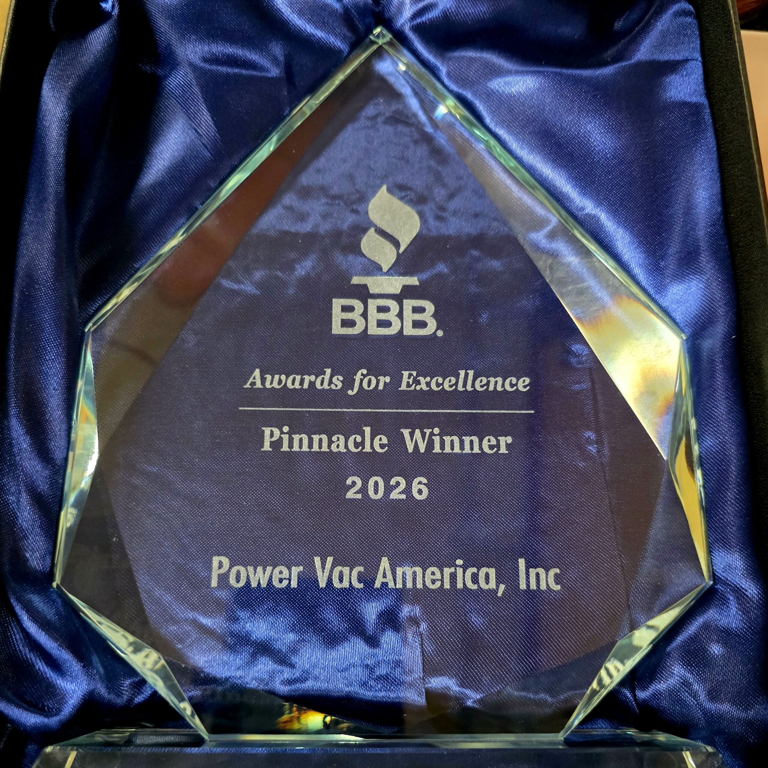 Power Vac America 2026 BBB Awards for Excellence Winner logo with Pinnacle Winner banner